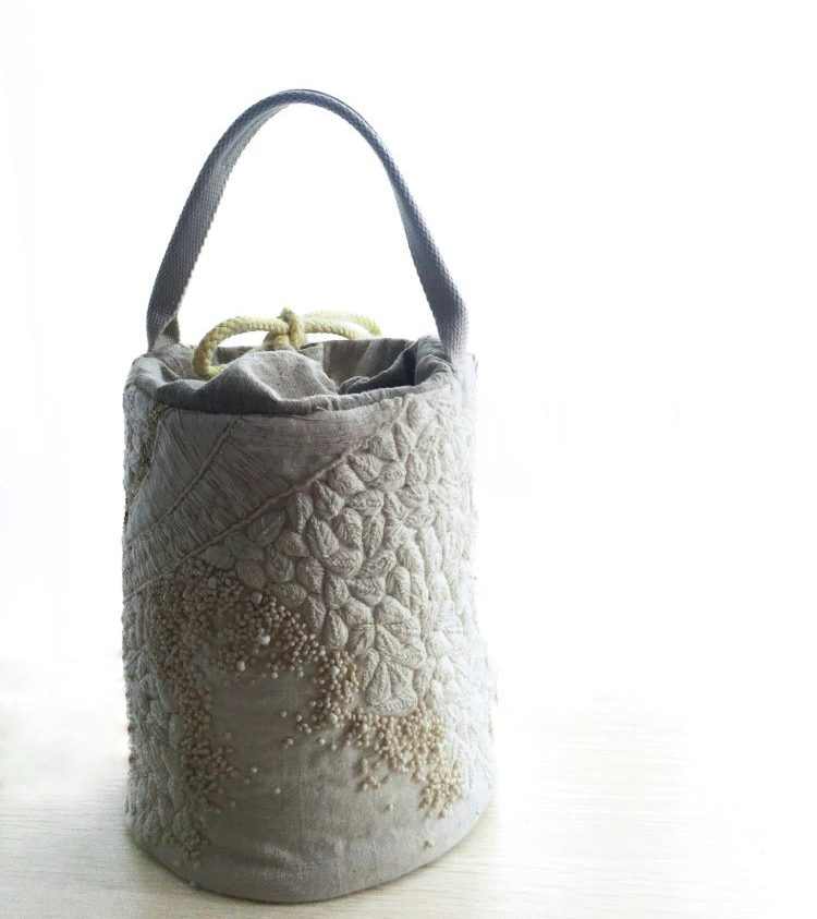 米色系稻穗手工刺繡束口袋