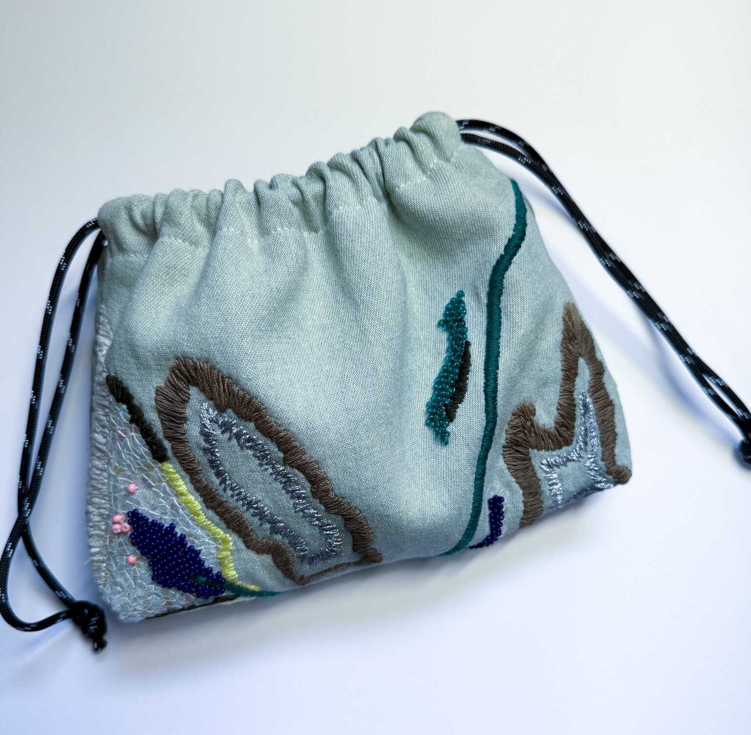 淺色牛仔手工刺繡束口袋：圖片 4