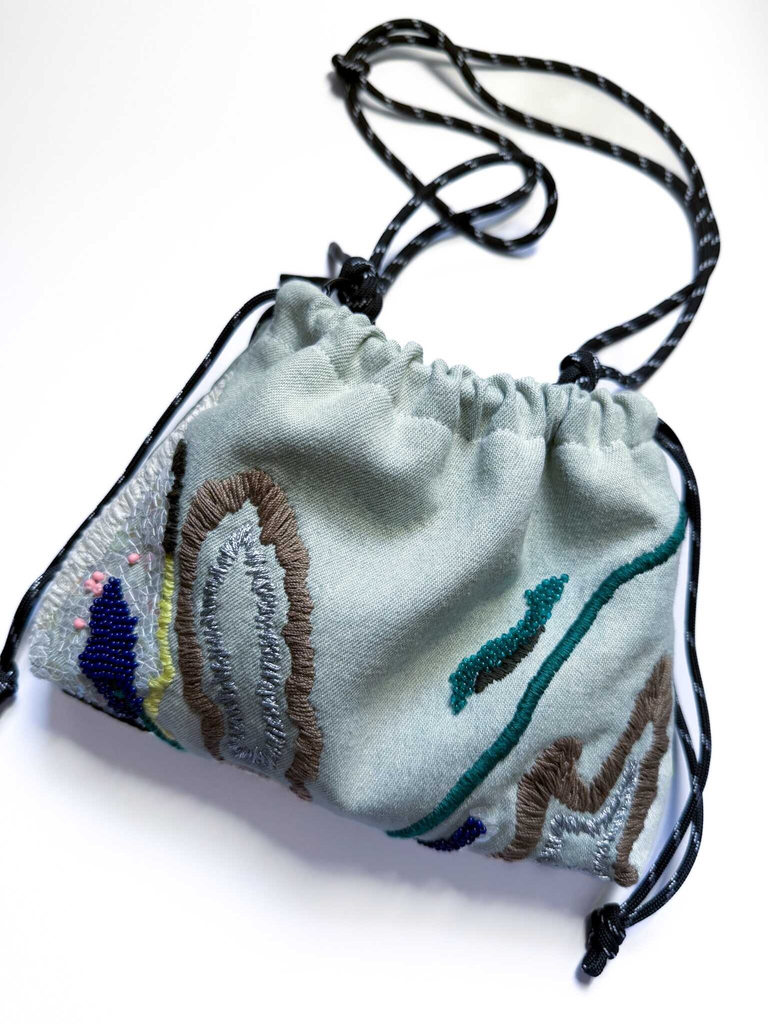 淺色牛仔手工刺繡束口袋：圖片 6