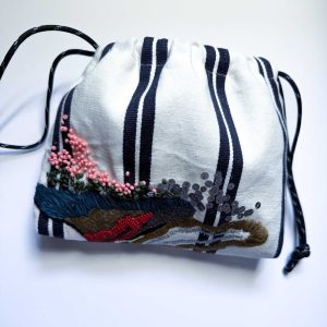 米色條紋手工刺繡束口袋no.2：圖片 1