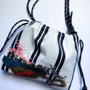 米色條紋手工刺繡束口袋no.2：圖片 2